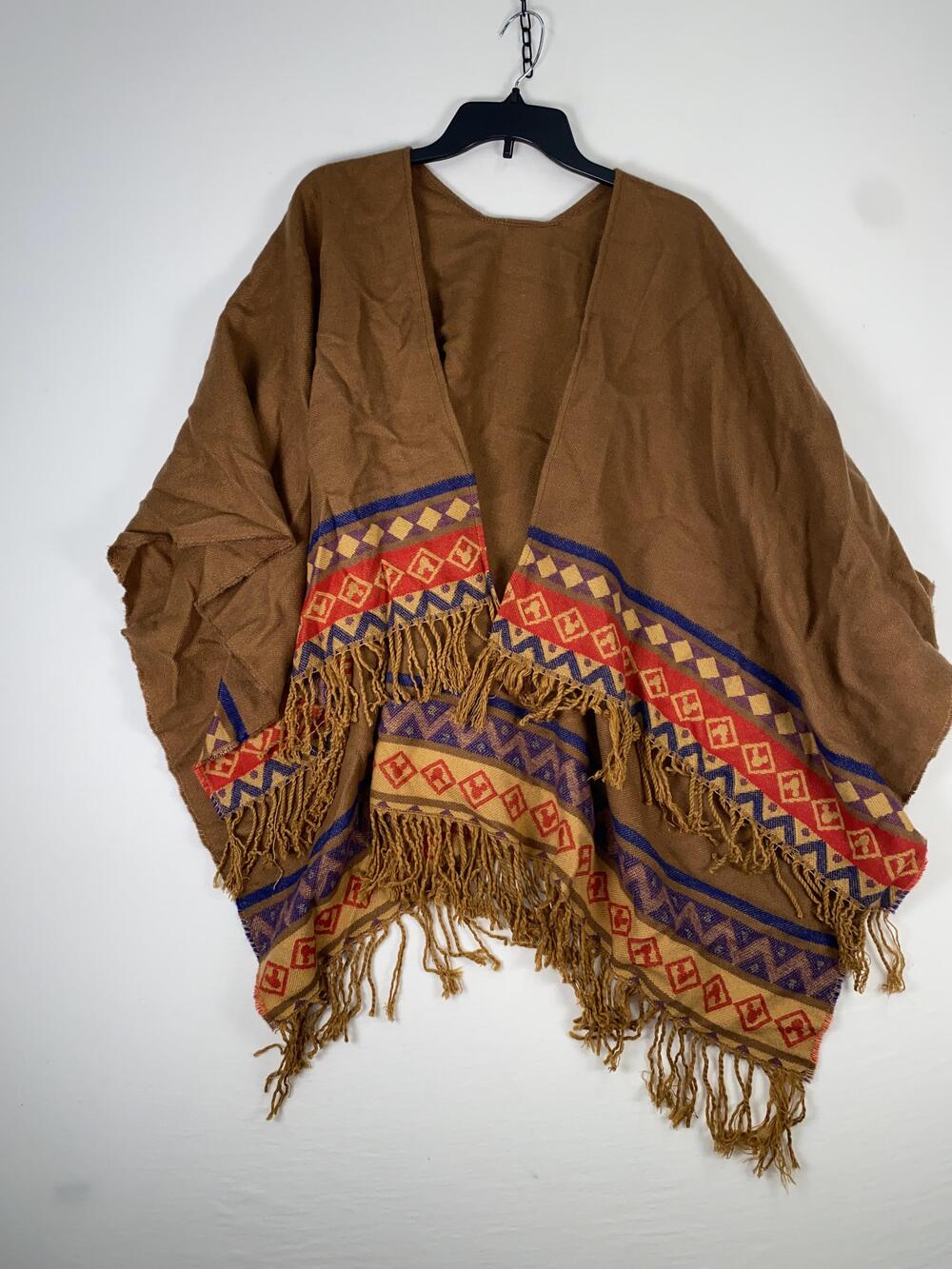 Disney Parks Poncho Womens One Size Brown Fringe Southwestern Geometric Knit